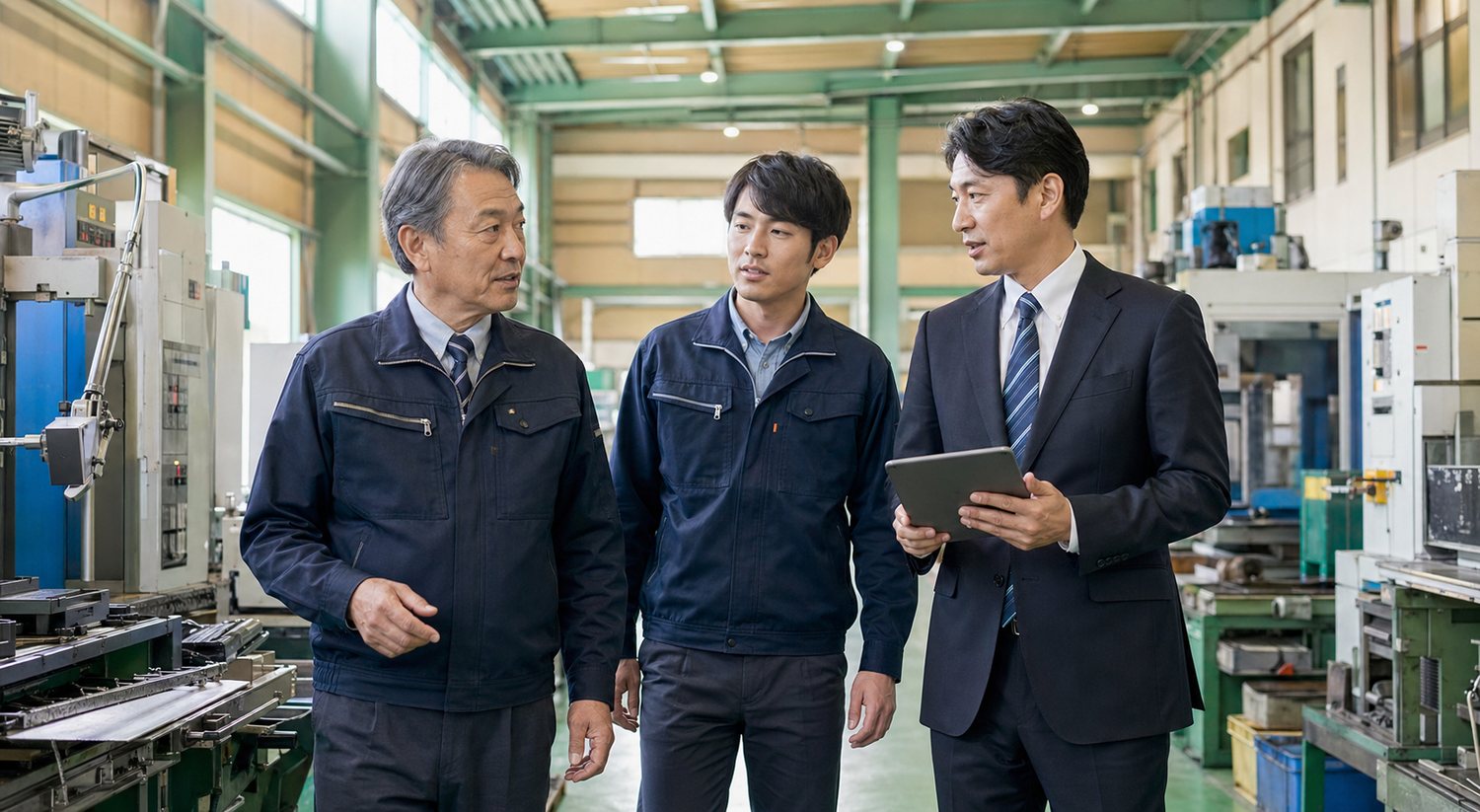工場内で事業承継と設備引継ぎについて話し合う経営者と担当者