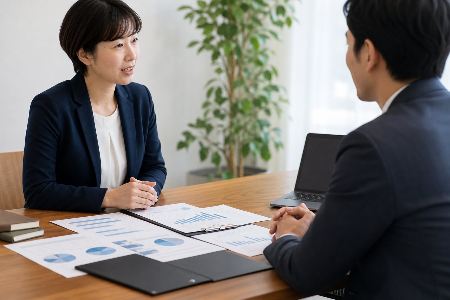 資料を確認しながら会社売却について相談する経営者と担当者