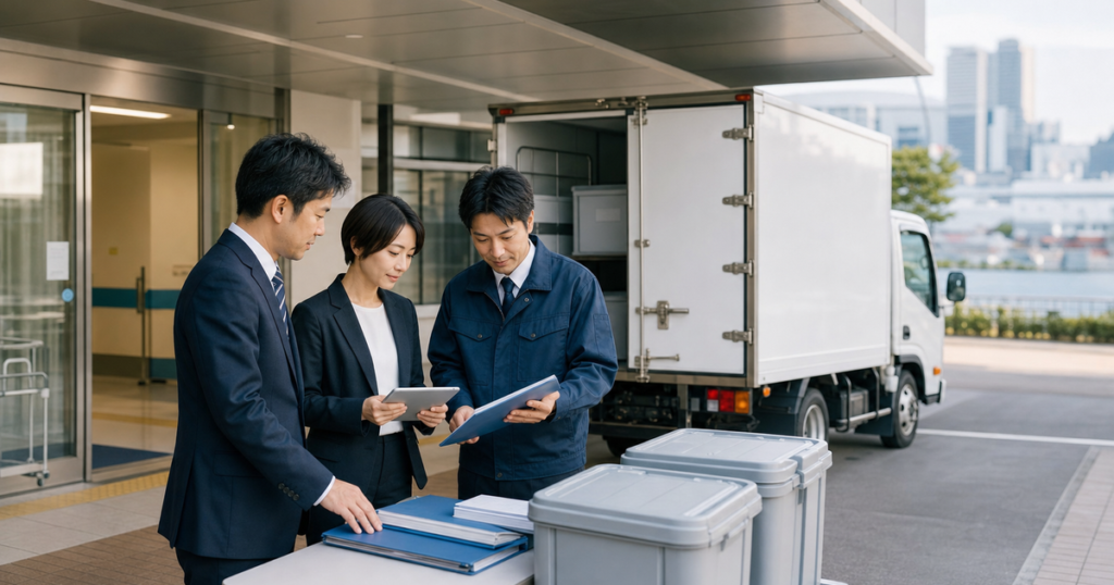 横浜の医療施設前で回収車と資料を確認し事業引継ぎを進める担当者