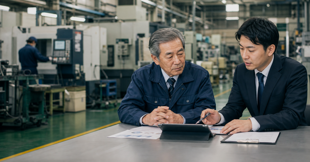大和・綾瀬の製造業M&Aをテーマに、工場設備と経営者相談の場面を表現したアイキャッチ画像
