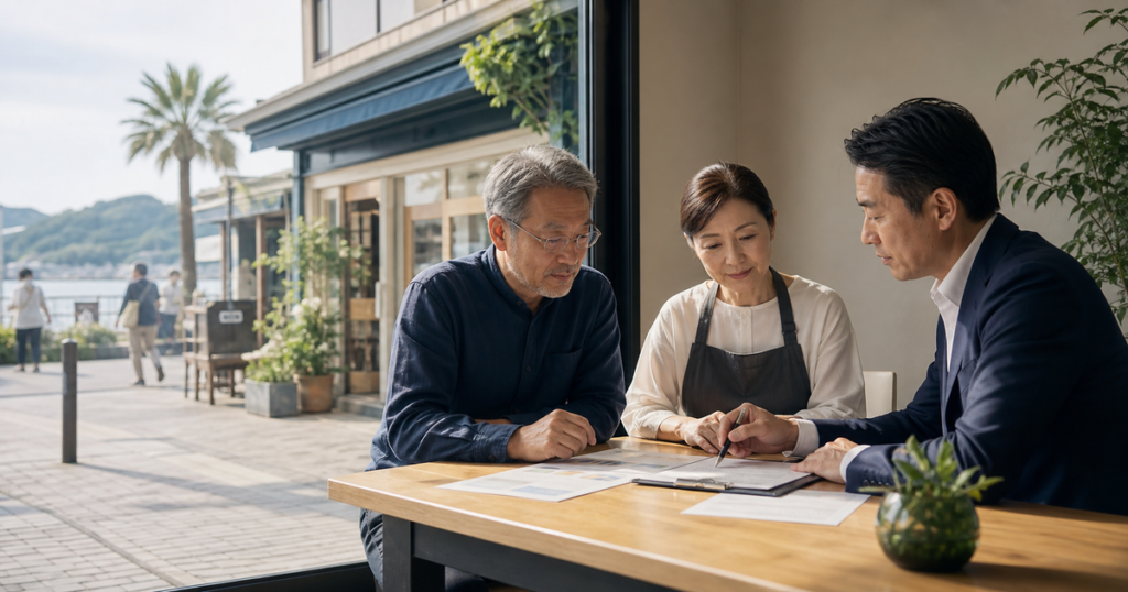 鎌倉・逗子・葉山の店舗サービス業M&Aをテーマに、譲渡企業とアドバイザーが商圏承継や賃貸契約を相談しているイメージ